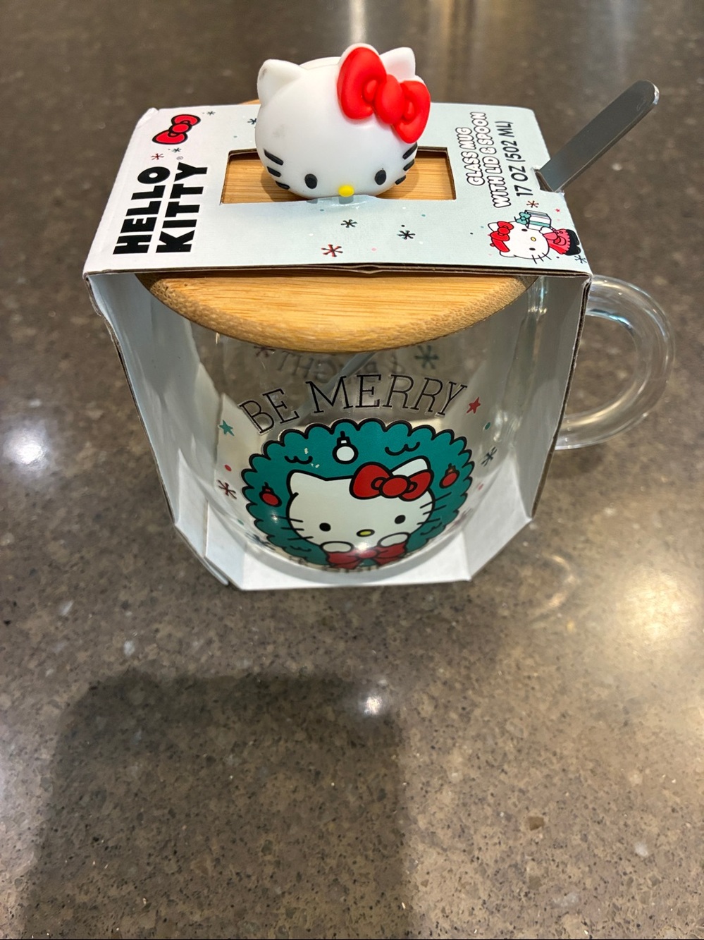 Hello Kitty, Sanrio, Glass Holiday Mug with Red Accents and Silver Spoon.